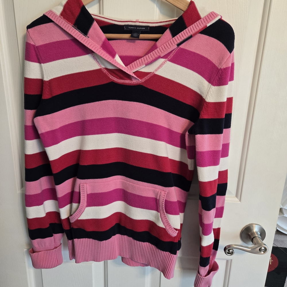 Tommy Hilfiger Pink and Red Striped Cowl Neck Sweater